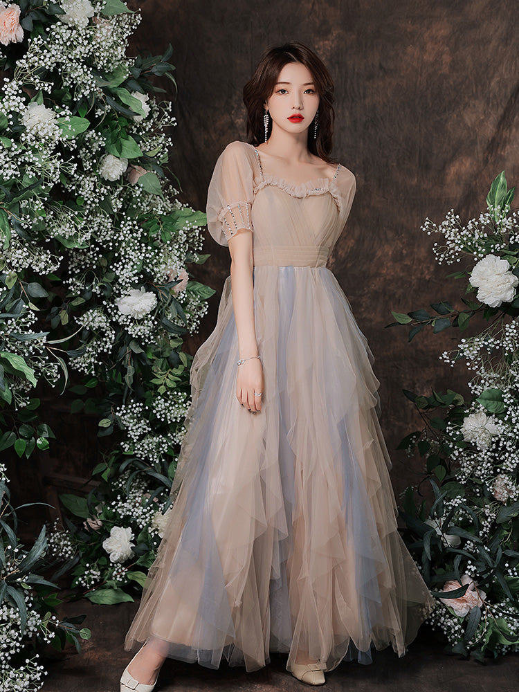 Cute Short Sleeves Layers Tulle Long Party Dress