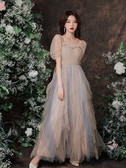 Cute Short Sleeves Layers Tulle Long Party Dress