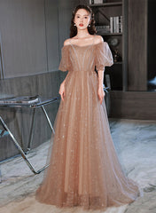 Vestido de fiesta largo con hombros descubiertos y tul color champán en forma de A 