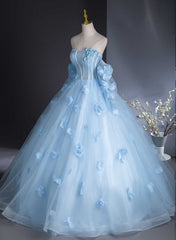 Blue Flowers and Tulle Puffy Sleeves Prom Dress
