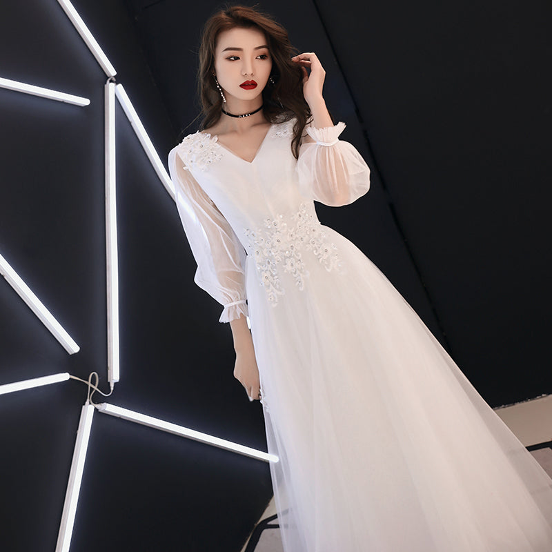 Vestido de fiesta de boda sencillo de tul blanco con mangas largas y encaje 