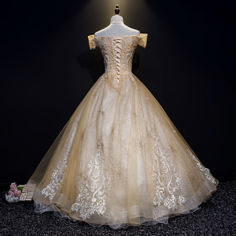 Champagne Lace Off Shoulder Party Dress