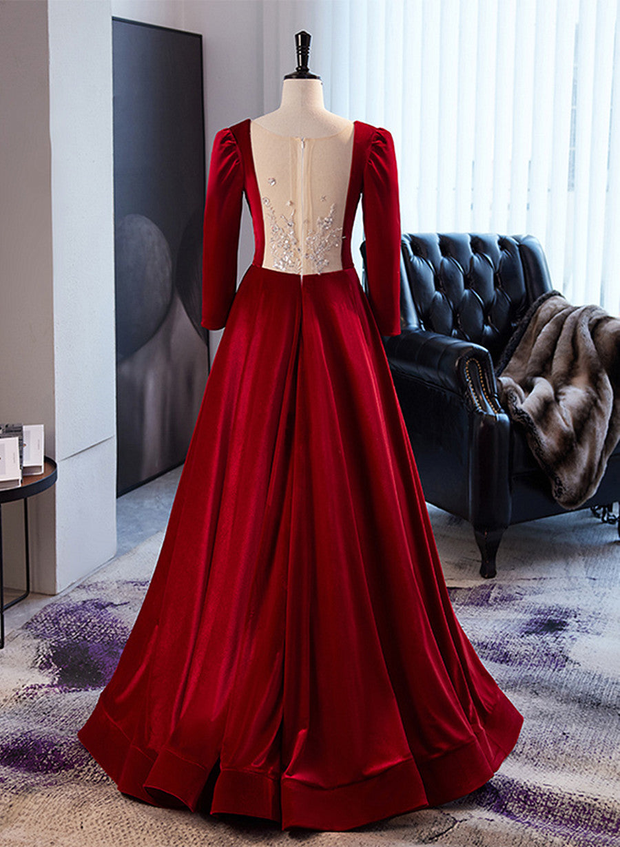 Wine Red Velvet Long Sleeves See Through Prom Dress
