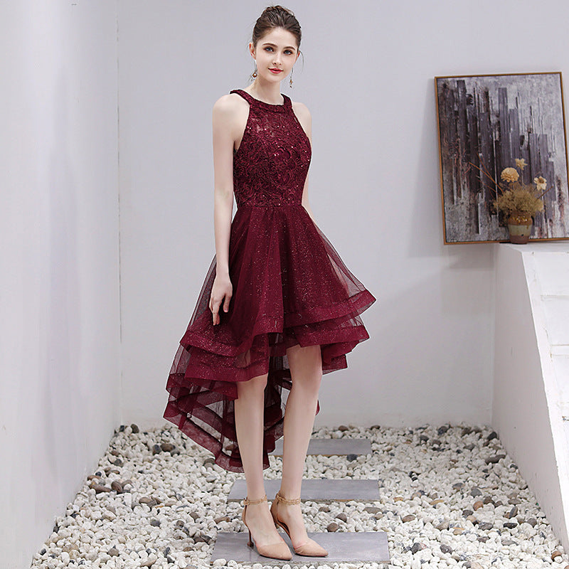 Beautiful Burgundy Halter High Low Tulle Lace Homecoming Dress
