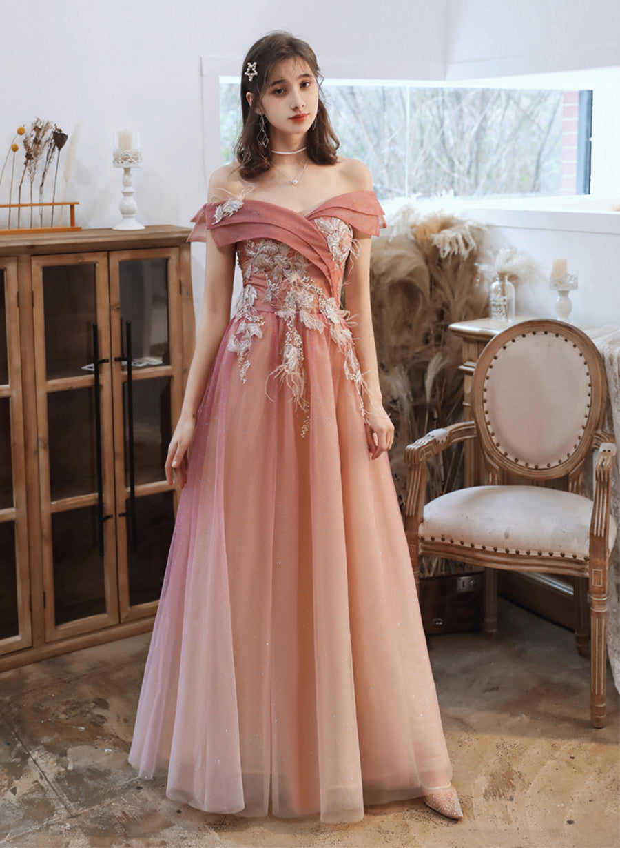 Gradient Pink Off Shoulder A-line with Flowers Prom Dress