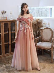 Gradient Pink Off Shoulder A-line with Flowers Prom Dress