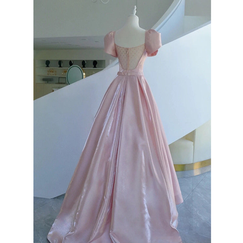 Pink Satin Long Short Sleeves Prom Dress Party Dress