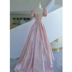 Pink Satin Long Short Sleeves Prom Dress Party Dress