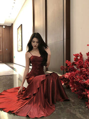 Wine Red Chic Satin Mermaid Sweetheart Long Party Dress