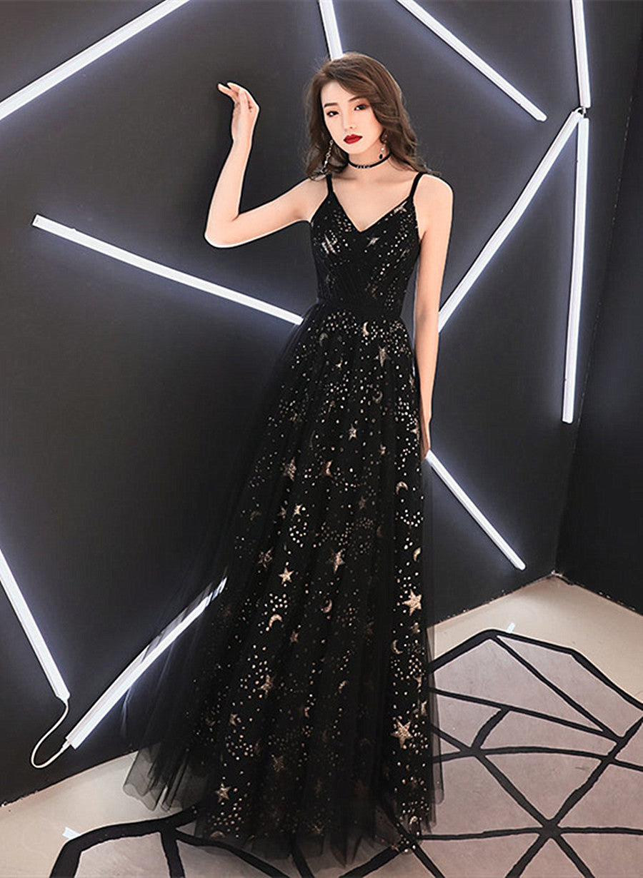 Vestido de fiesta largo con escote en V y tirantes negros 