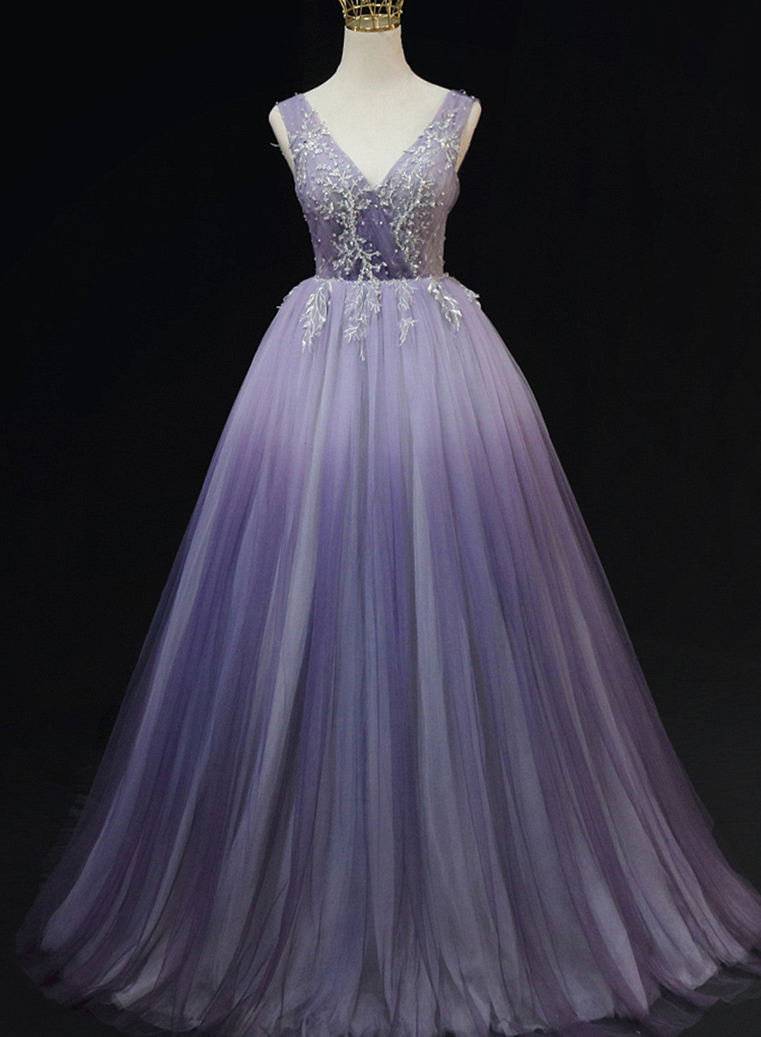 Vestido formal con apliques de encaje degradado de tul morado claro 