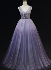 Vestido formal con apliques de encaje degradado de tul morado claro 
