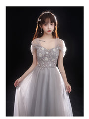 Light Grey Beaded Off Shoulder Tulle A-line Junior Prom Dress