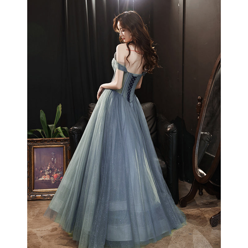 Beautiful Grey Tulle Off Shoulder Long Prom Party Dress