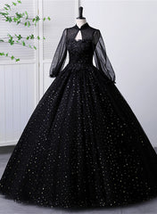 Vestido negro de tul con escote alto y mangas largas para quinceañeras 