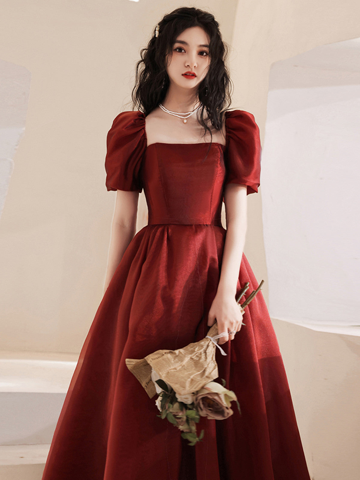Lovely Wine Red Short Sleeves Organza Party Dress