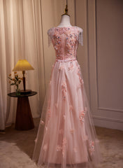 Vestido de fiesta rosa con escote en V, tul, cuentas y apliques de encaje 