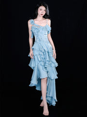 Light Blue High Low Satin Homecoming Dress