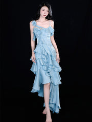 Light Blue High Low Satin Homecoming Dress