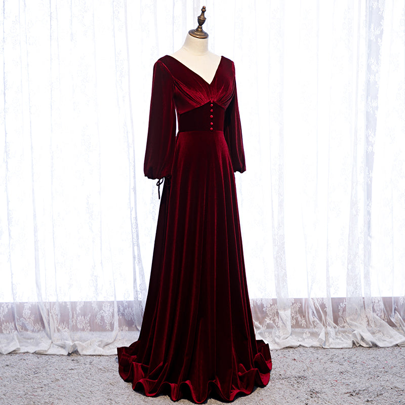 Vestido de fiesta de terciopelo burdeos con mangas largas y corte A 