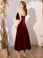 Vestido de fiesta de terciopelo rojo vino hasta la rodilla 