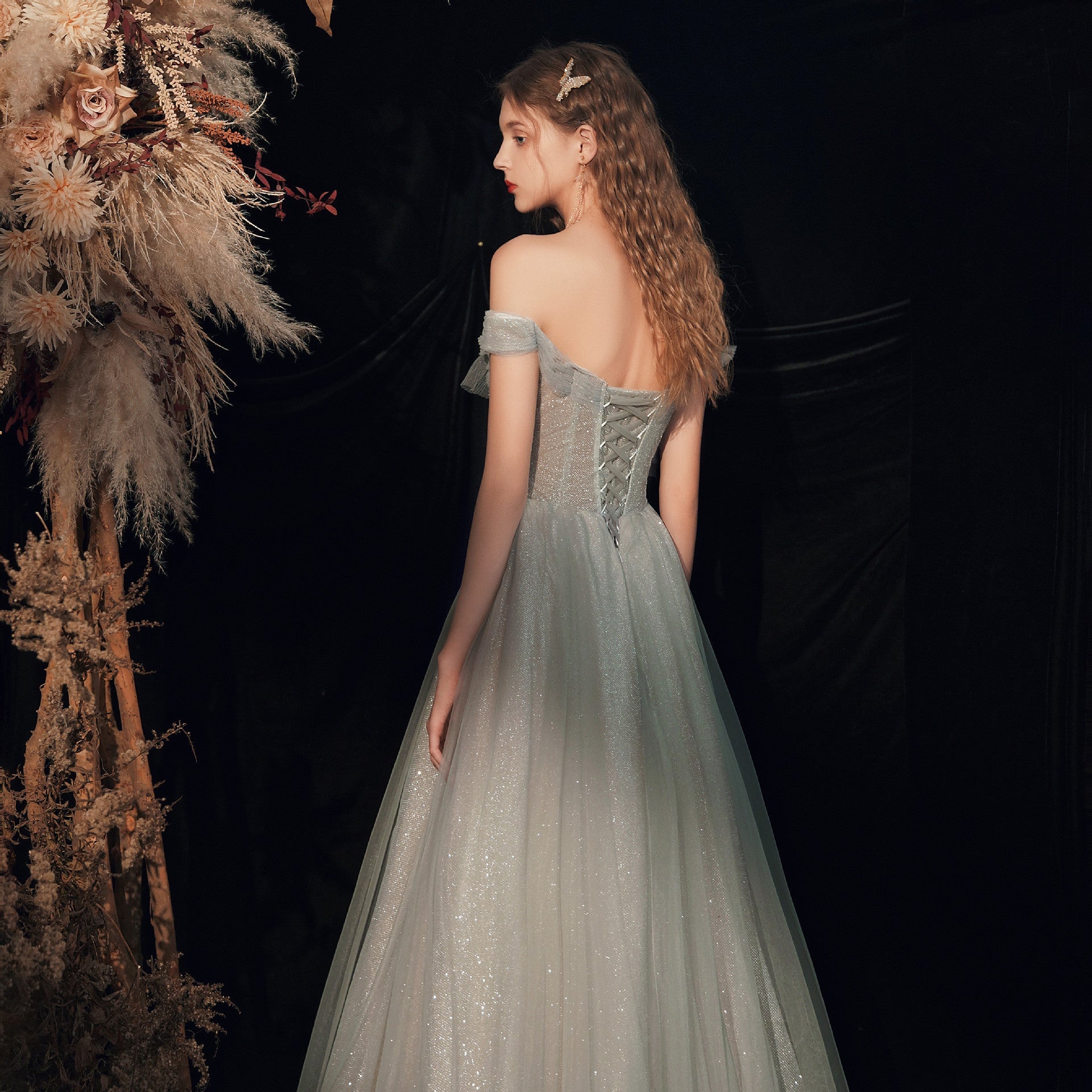 Off Shoulder Sweetheart Tulle Shiny Tulle Long Formal Dress