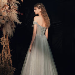Off Shoulder Sweetheart Tulle Shiny Tulle Long Formal Dress