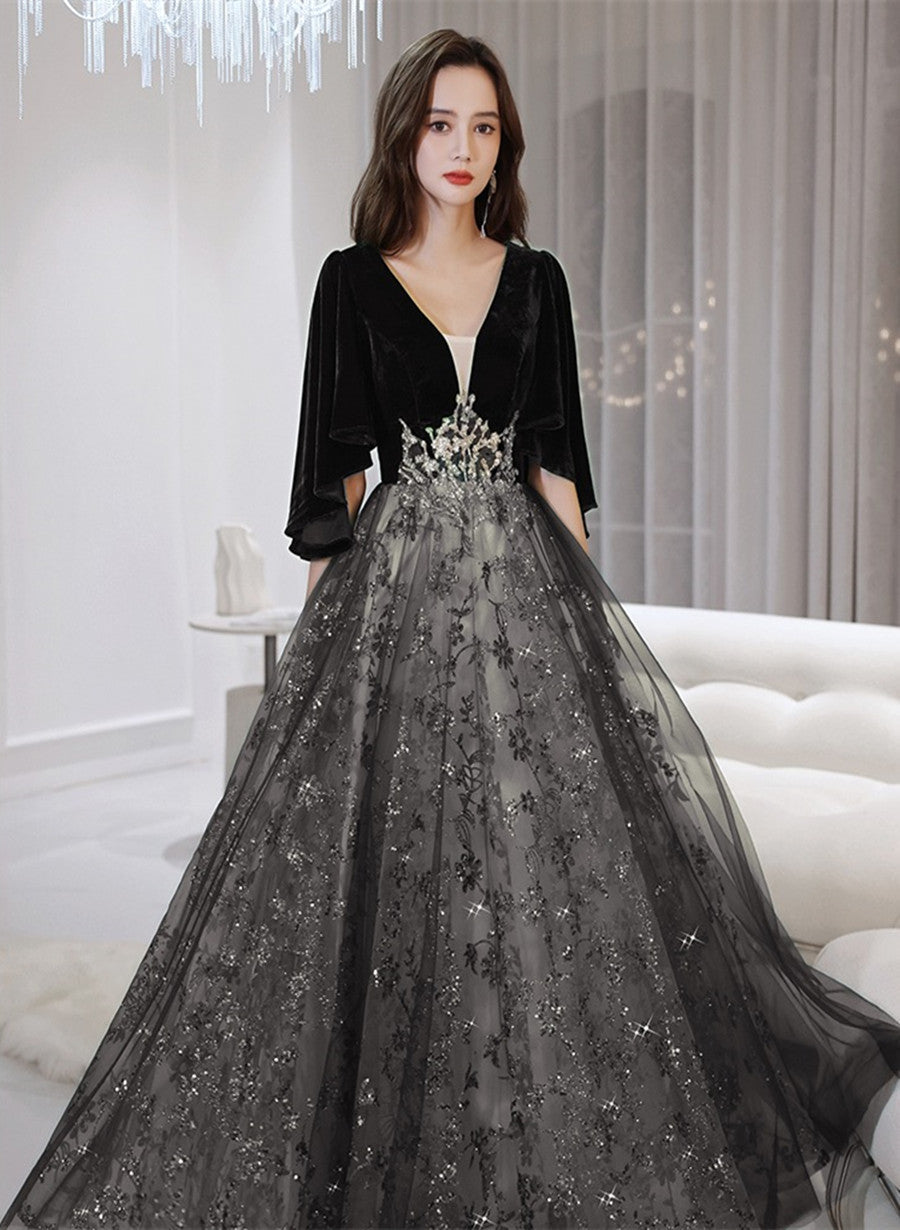 Black Tulle and Velvet Chic Long A-line Prom Dress