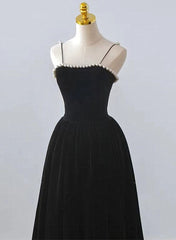 Black Velvet Straps Tea Length Party Dress