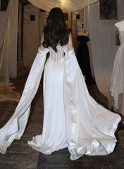 Vestido de noche largo de satén blanco con escote en A y escote redondo 