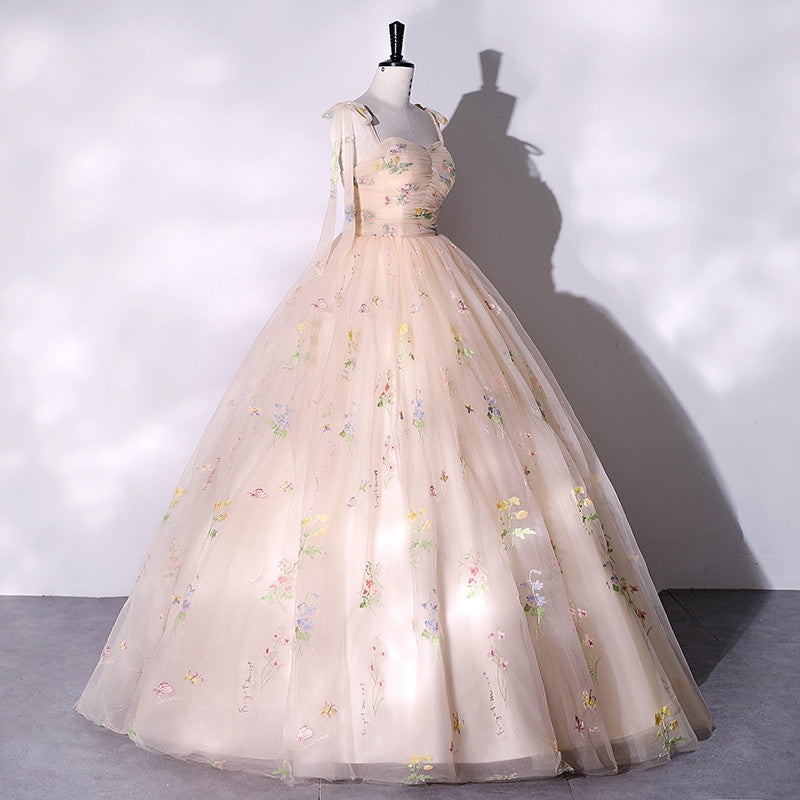 Champagne Floral Tulle Straps Sweetheart Long Party Dress