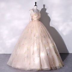 Champagne Floral Tulle Straps Sweetheart Long Party Dress