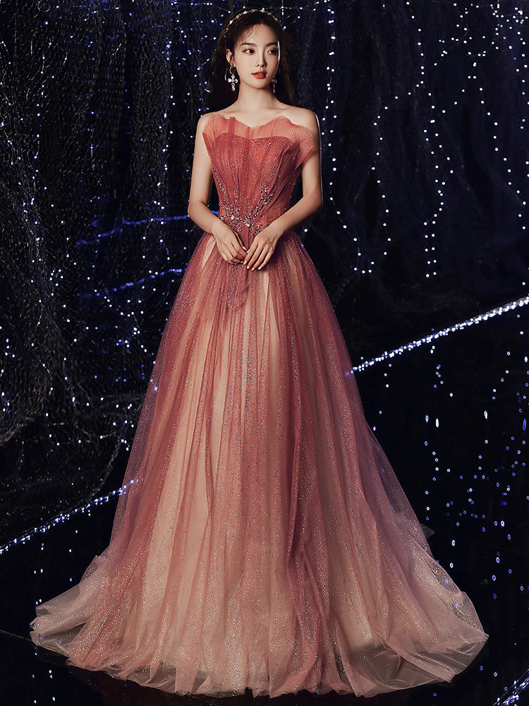 Hermoso vestido de fiesta de tul brillante con cuentas en degradado rojo 