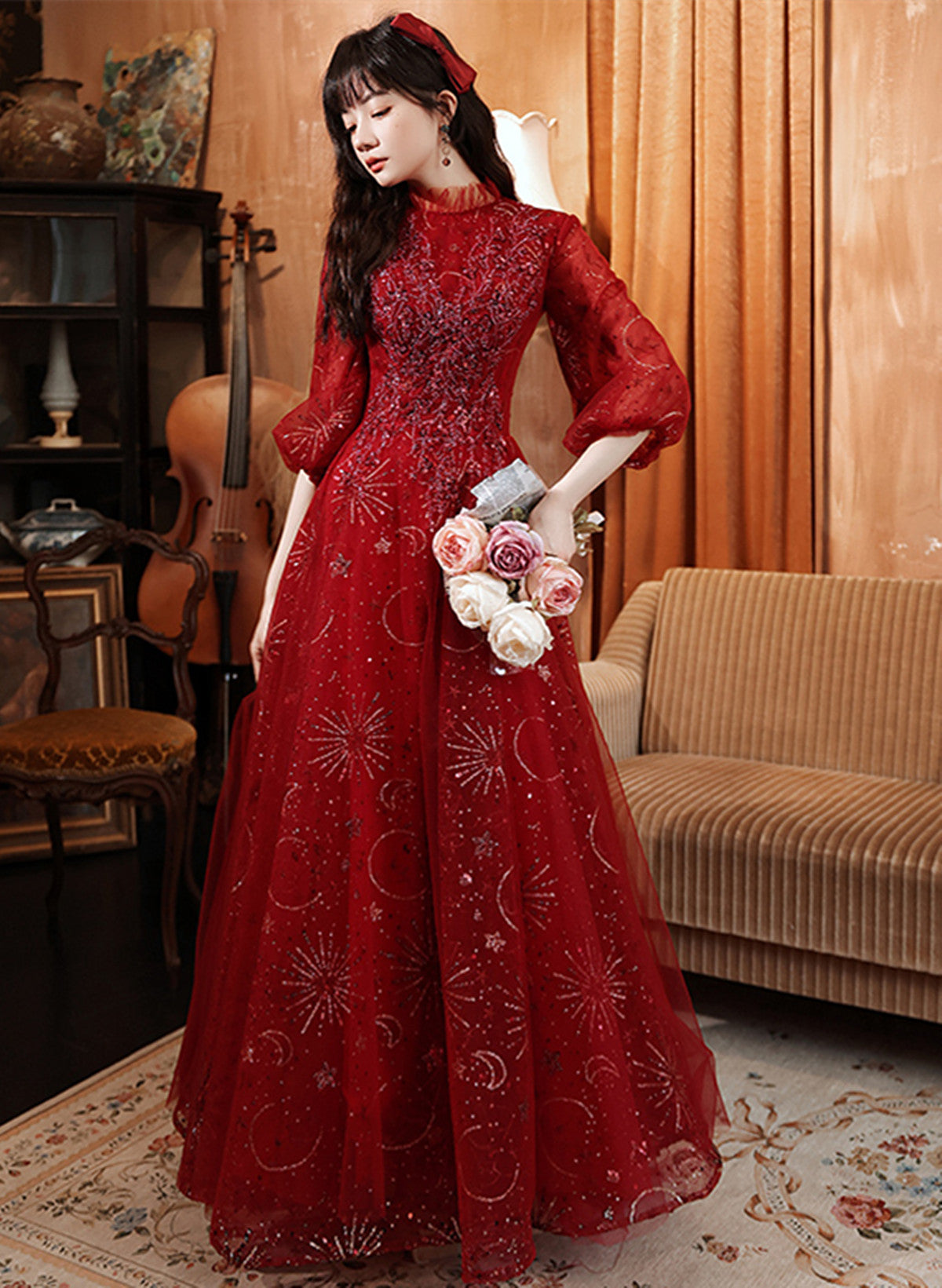 Vestido de fiesta largo de tul rojo vino con mangas abullonadas 