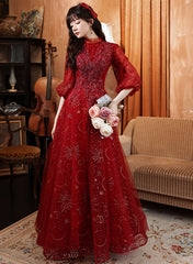 Vestido de fiesta largo de tul rojo vino con mangas abullonadas 