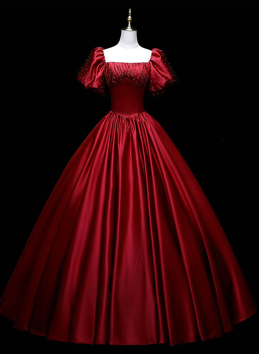 Wine Red Satin Beaded Ball Gown Sweet 16 Dress