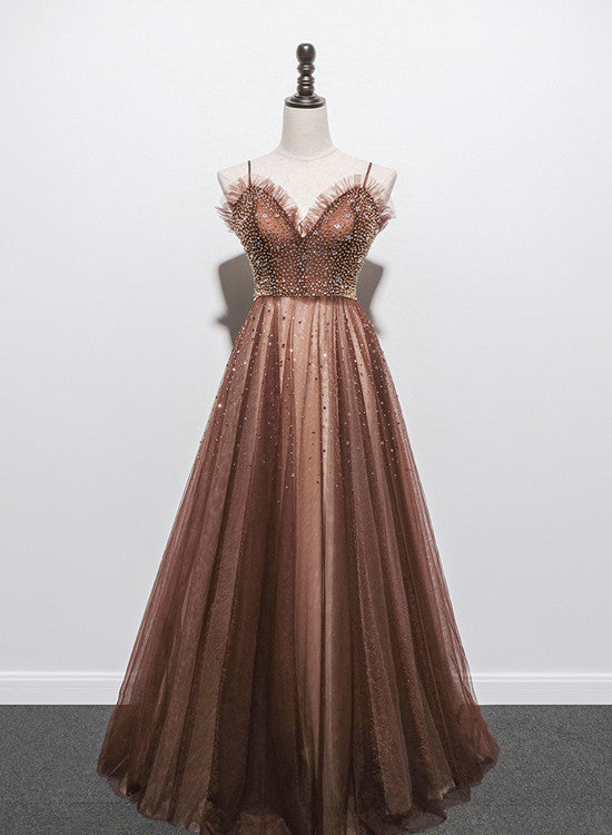 Shiny Tulle Beaded Long Straps Floor Length Party Dress