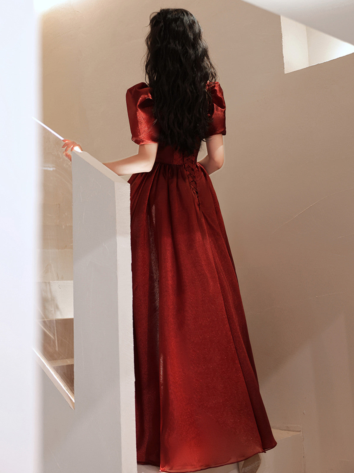 Lovely Wine Red Short Sleeves Organza Party Dress
