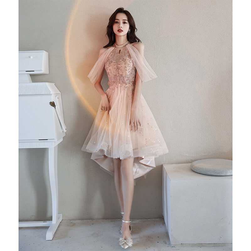 Off Shoulder Pink High Low Tulle with Beaded Homecoming Dress