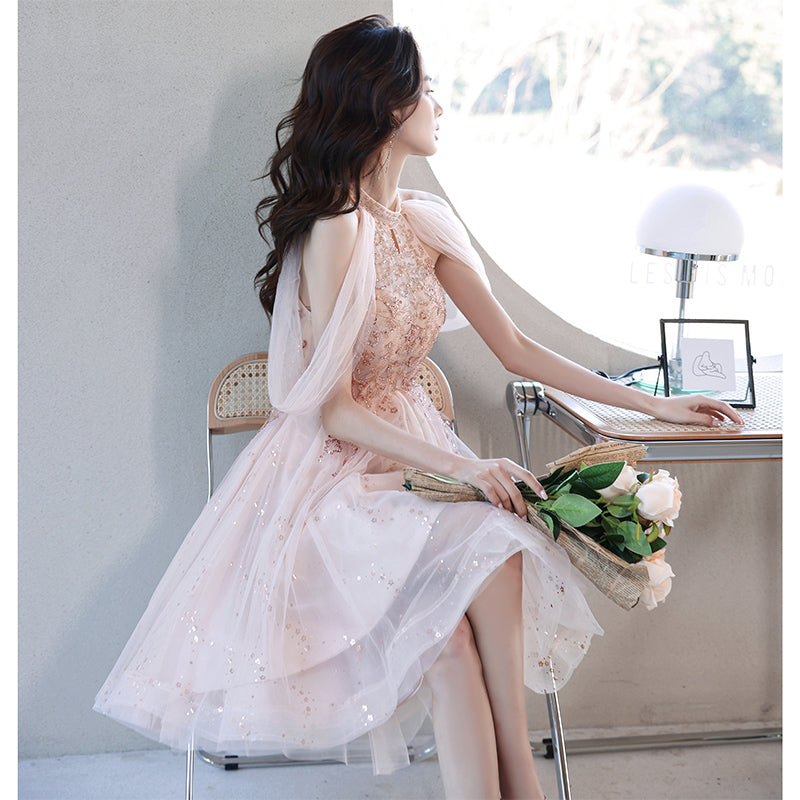 Off Shoulder Pink High Low Tulle with Beaded Homecoming Dress