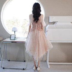 Off Shoulder Pink High Low Tulle with Beaded Homecoming Dress