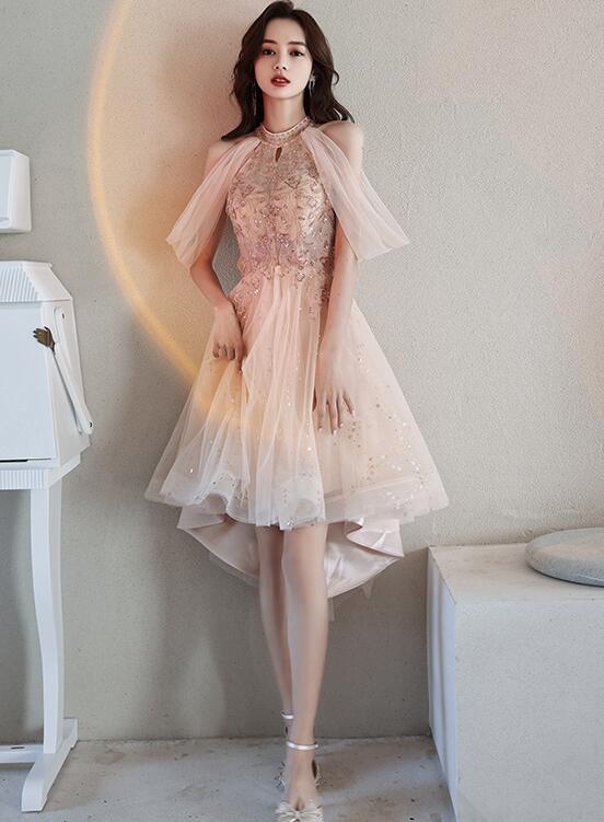 Off Shoulder Pink High Low Tulle with Beaded Homecoming Dress