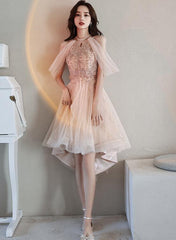 Off Shoulder Pink High Low Tulle with Beaded Homecoming Dress