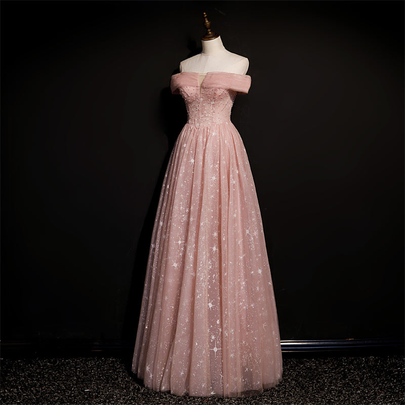 Vestido de fiesta largo de tul rosa con hombros descubiertos y corte A con cuentas 