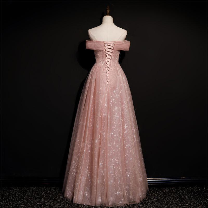 Vestido de fiesta largo de tul rosa con hombros descubiertos y corte A con cuentas 