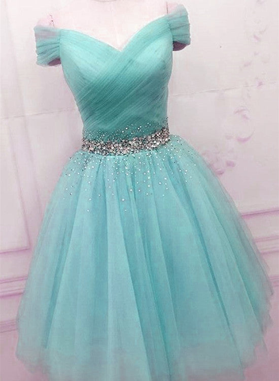Vestidos de fiesta de tul azul con hombros descubiertos 