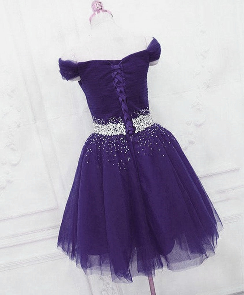 Purple Off Shoulder Knee Length Beaded Tulle Homecoming Dress