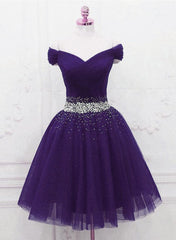 Purple Off Shoulder Knee Length Beaded Tulle Homecoming Dress