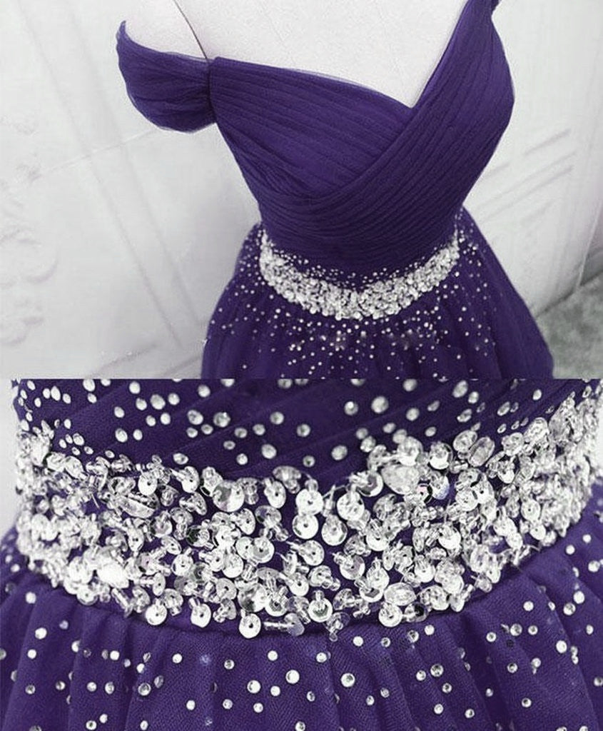 Purple Off Shoulder Knee Length Beaded Tulle Homecoming Dress