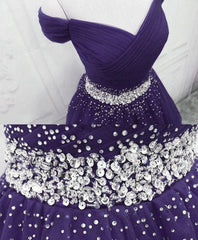 Purple Off Shoulder Knee Length Beaded Tulle Homecoming Dress